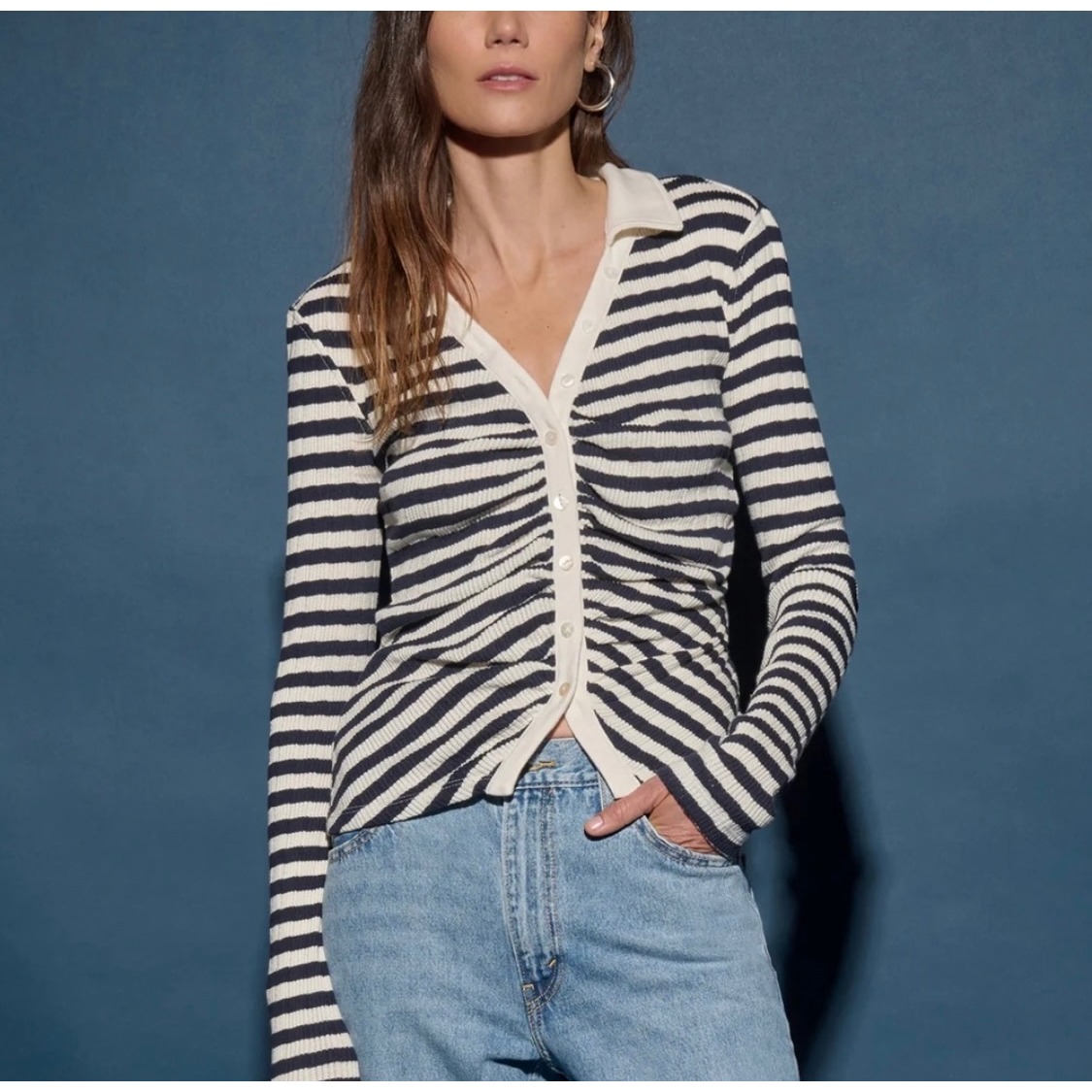 Nation Ltd Ami Henley Top S Navy White Pointelle Striped Button Up Preppy